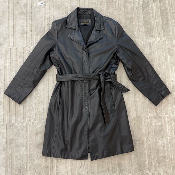 Vintage Express Black Leather Trench Coat Size Large - Picture 1 of 7